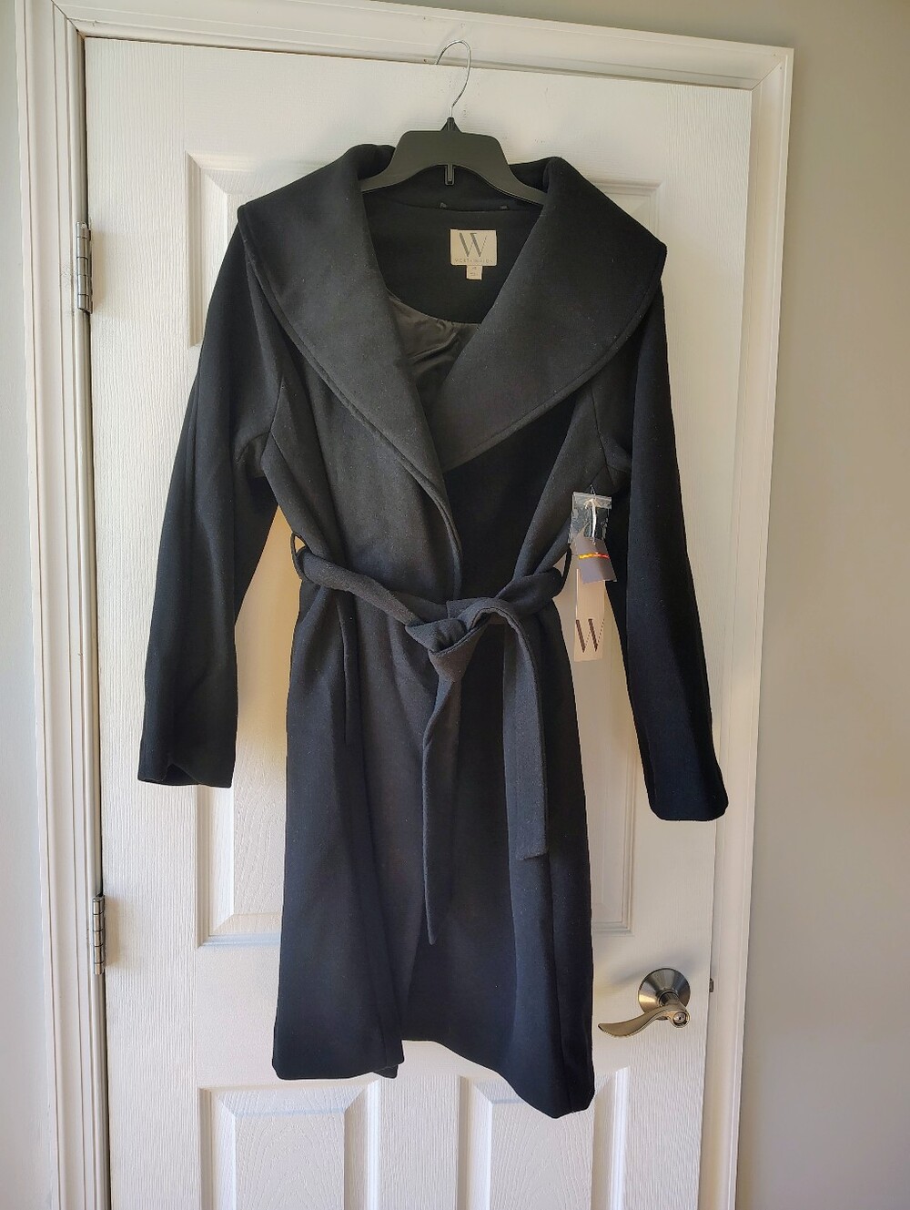 Worthington Womens XS Black Shawl Collar Belted Wrap Coat Midweight